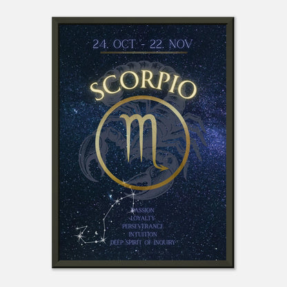 Scorpio horoscope wall art print in black metal frame featuring October 23 to November 21 zodiac dates