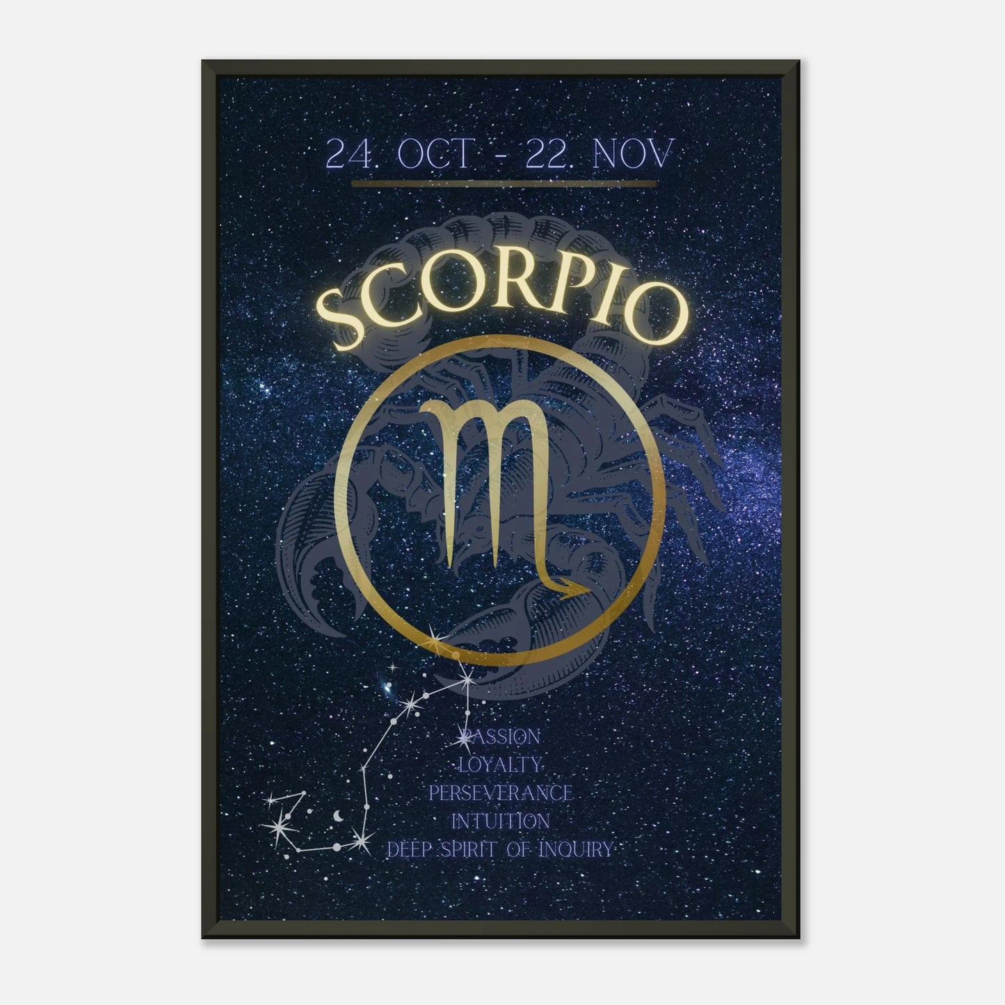 Scorpio zodiac wall art in black metal frame front view with blue galaxy background and astrology symbol