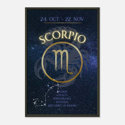 Scorpio zodiac wall art in black metal frame front view with blue galaxy background and astrology symbol