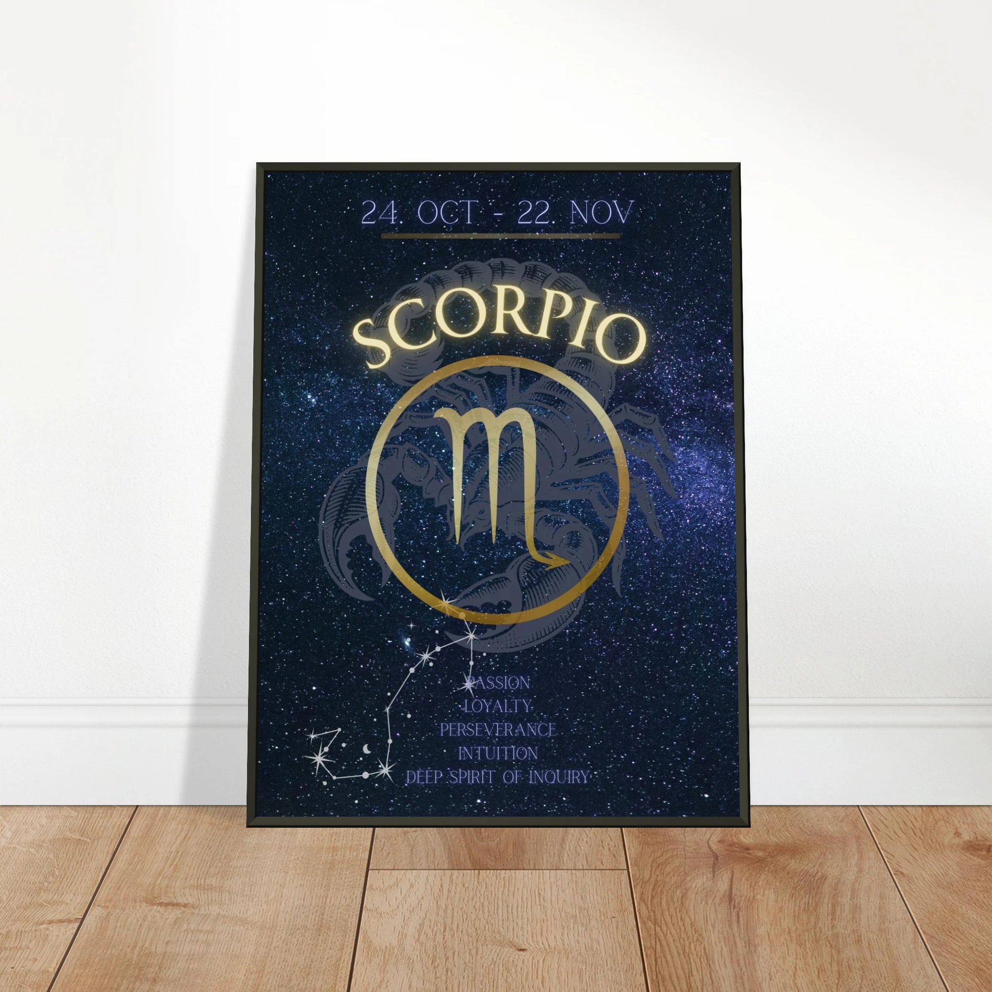 Scorpio wall art poster leaning against wall in black metal frame modern bedroom decor mockup