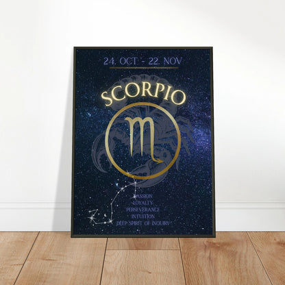 Scorpio wall art poster leaning against wall in black metal frame modern bedroom decor mockup