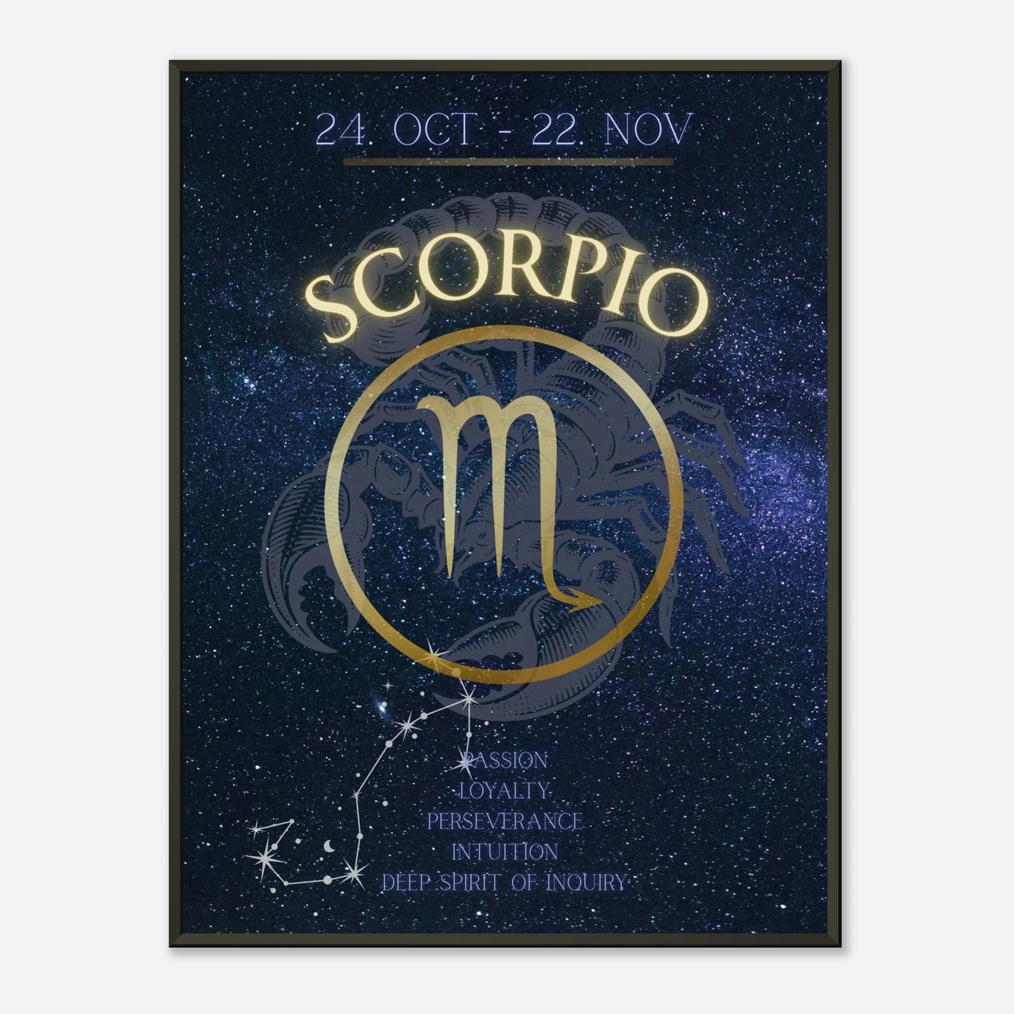 Scorpio wall art poster in black metal frame featuring zodiac symbol and cosmic constellation design
