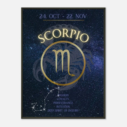 Scorpio wall art poster in black metal frame featuring zodiac symbol and cosmic constellation design