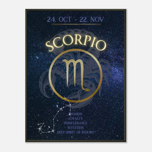 Scorpio wall art poster in black metal frame featuring zodiac symbol and cosmic constellation design