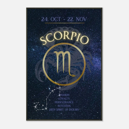 Scorpio astrology poster in black metal frame clean studio mockup showing horoscope artwork