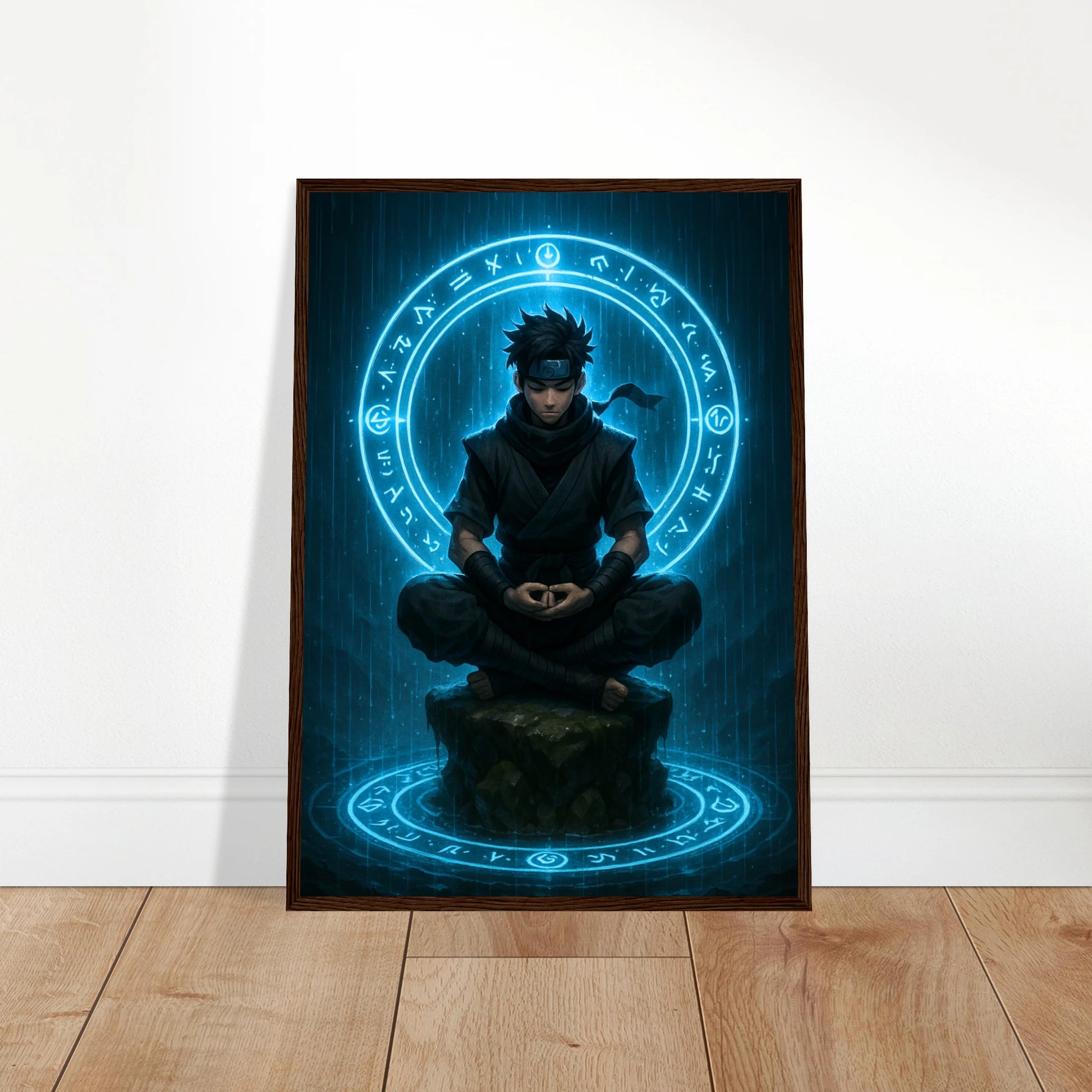 SEIRYU Poster an die Wand gelehnt, mystische Meditation eines Ninjas mit blauer Aura, japanisch inspirierte Anime-Kunst für moderne Räume.