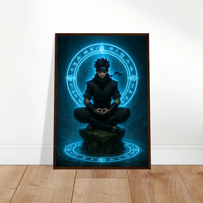 SEIRYU Poster an die Wand gelehnt, mystische Meditation eines Ninjas mit blauer Aura, japanisch inspirierte Anime-Kunst für moderne Räume.