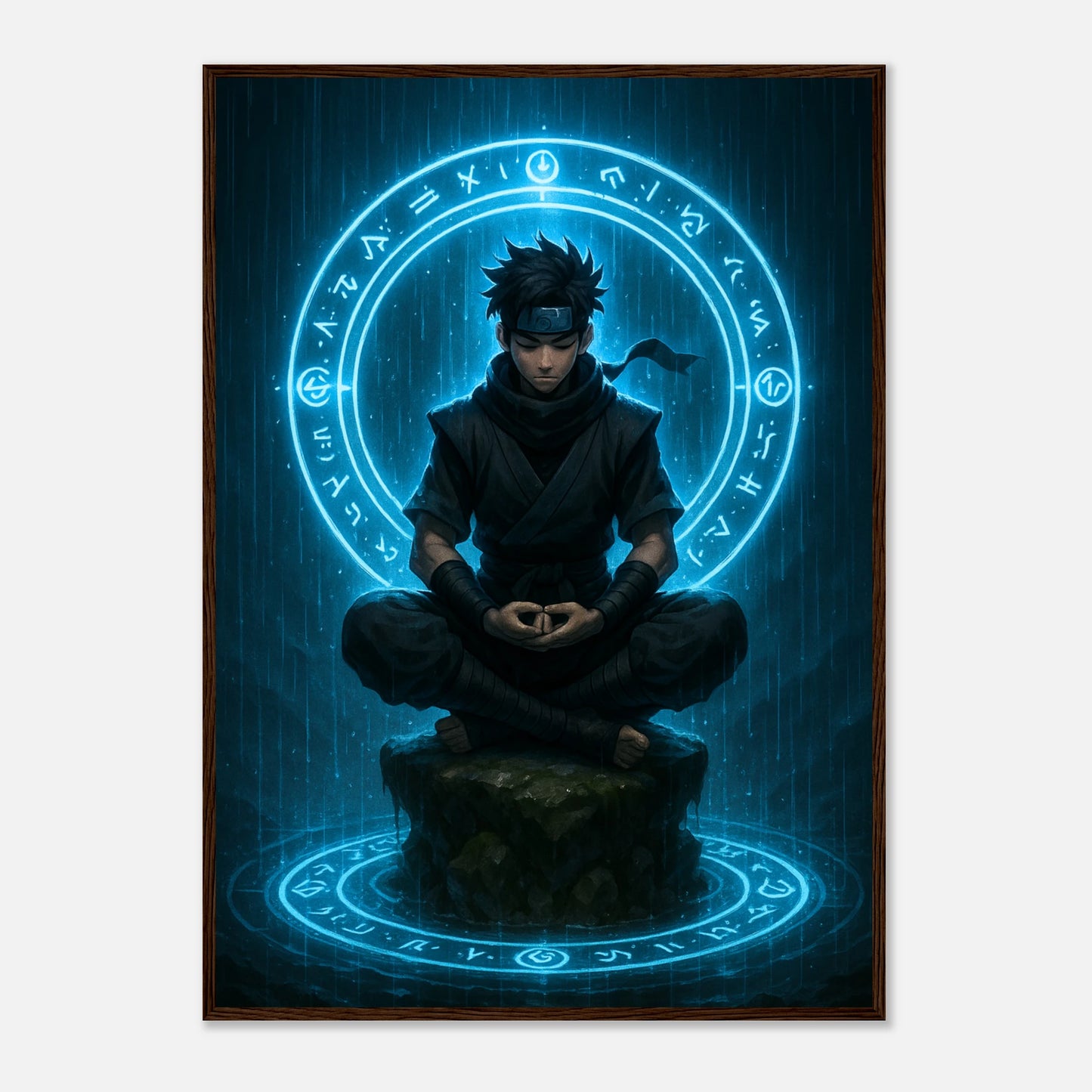 SEIRYU — Circle of the Hidden Mind Poster im dunkelbraunen Holzrahmen, meditativer Ninja im blauen Energiekreis, hochwertige japanische Fantasy-Kunst von Defa Designs.
