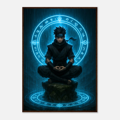 SEIRYU — Circle of the Hidden Mind Poster im dunkelbraunen Holzrahmen, meditativer Ninja im blauen Energiekreis, hochwertige japanische Fantasy-Kunst von Defa Designs.