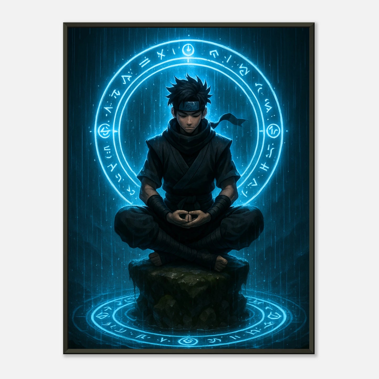 „SEIRYU – Circle of the Hidden Mind“ Poster – meditierender Anime-Ninja mit blauer Energie & Runenkreis | DEFA Designs