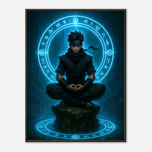 „SEIRYU – Circle of the Hidden Mind“ Poster – meditierender Anime-Ninja mit blauer Energie & Runenkreis | DEFA Designs