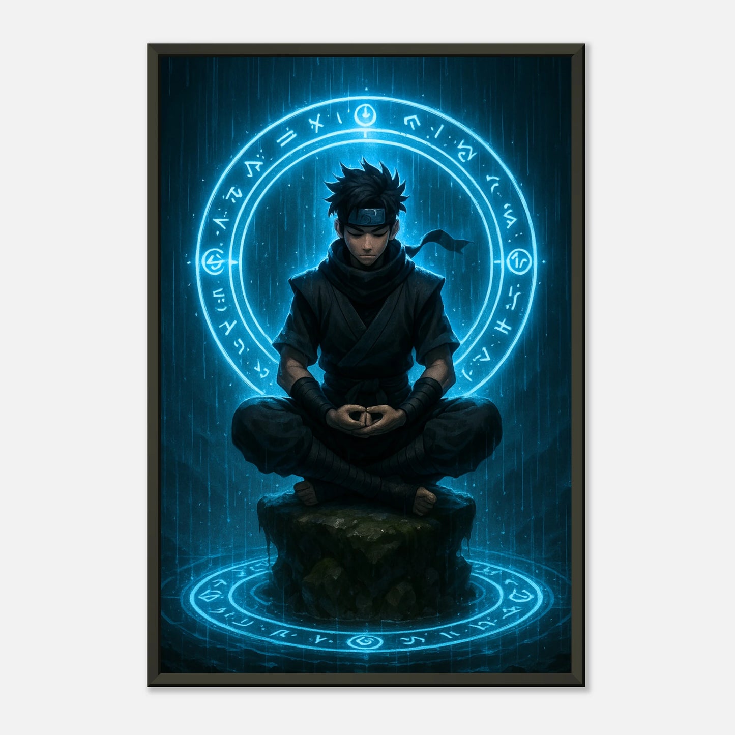 „SEIRYU“ Poster im schwarzen Metallrahmen – stilvolle Anime-Wandkunst mit blauem Energieeffekt | DEFA Designs