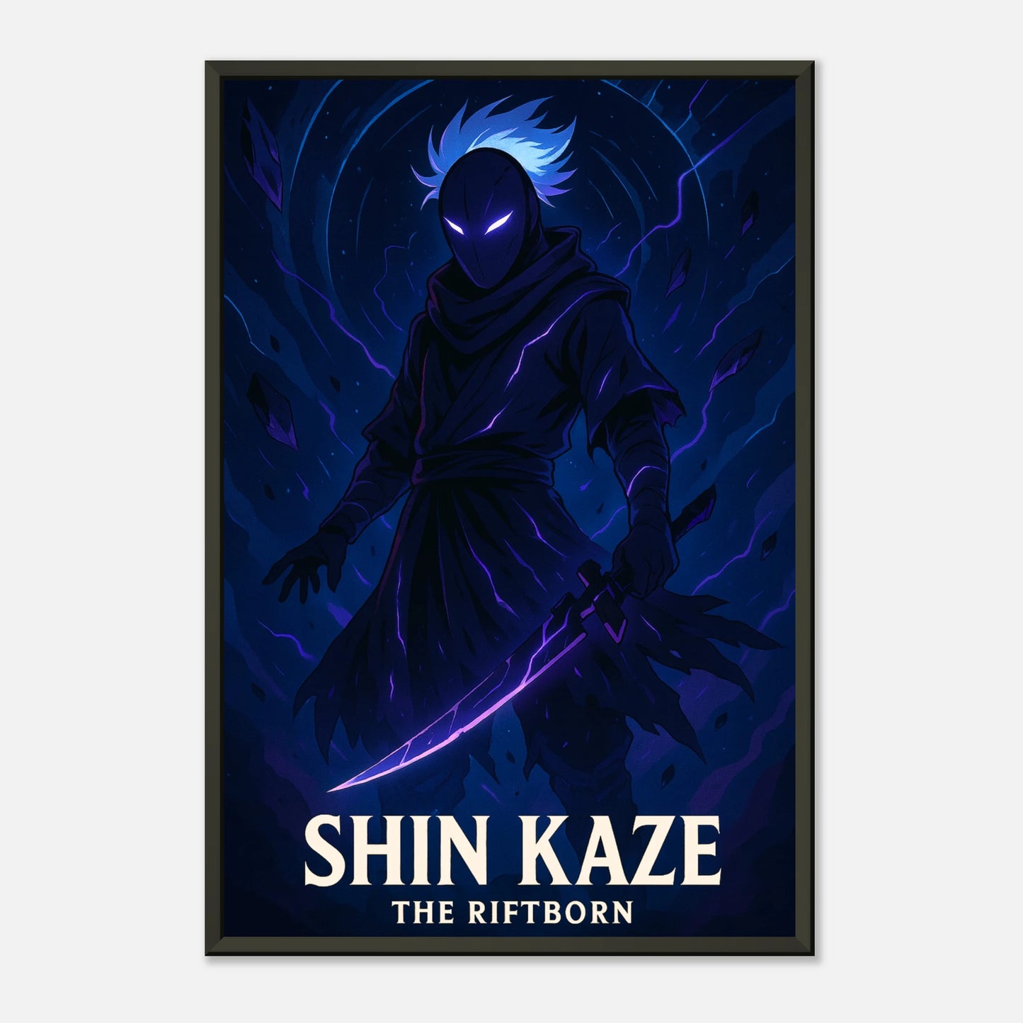Nahaufnahme SHIN KAZE Anime Poster im schwarzen Metallrahmen – detailliertes mystisches Ninja Motiv in dunklem Blau