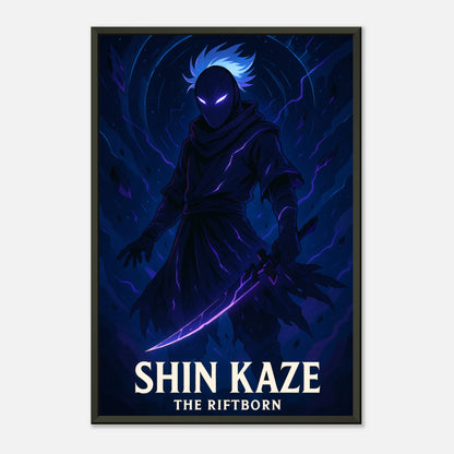 Nahaufnahme SHIN KAZE Anime Poster im schwarzen Metallrahmen – detailliertes mystisches Ninja Motiv in dunklem Blau