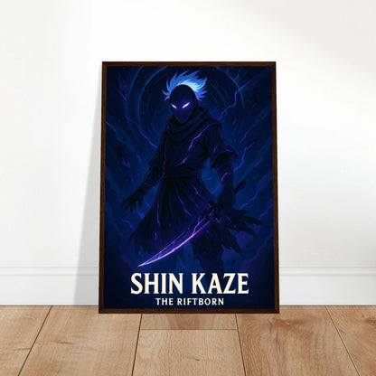 SHIN KAZE Poster an die Wand gelehnt – Samurai-Krieger in blauer Dunkelheit, stilvolles Anime-Motiv mit geheimnisvollem Flair. Defa Designs Wandkunst.