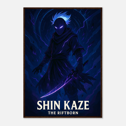 SHIN KAZE Poster im dunkelbraunen Rahmen – Schattenkrieger mit leuchtendem Schwert, intensives blaues Anime-Design zwischen Tradition und Zukunft. Defa Designs.