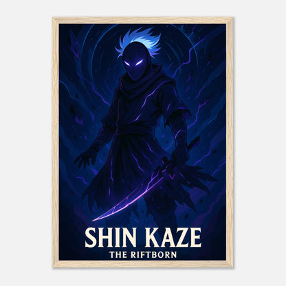 SHIN KAZE Poster im hellbraunen Holzrahmen – mystischer Samurai in blauem Licht, Anime-Kunst mit tiefer Atmosphäre und futuristischer Eleganz. Premium-Druck von Defa Designs.