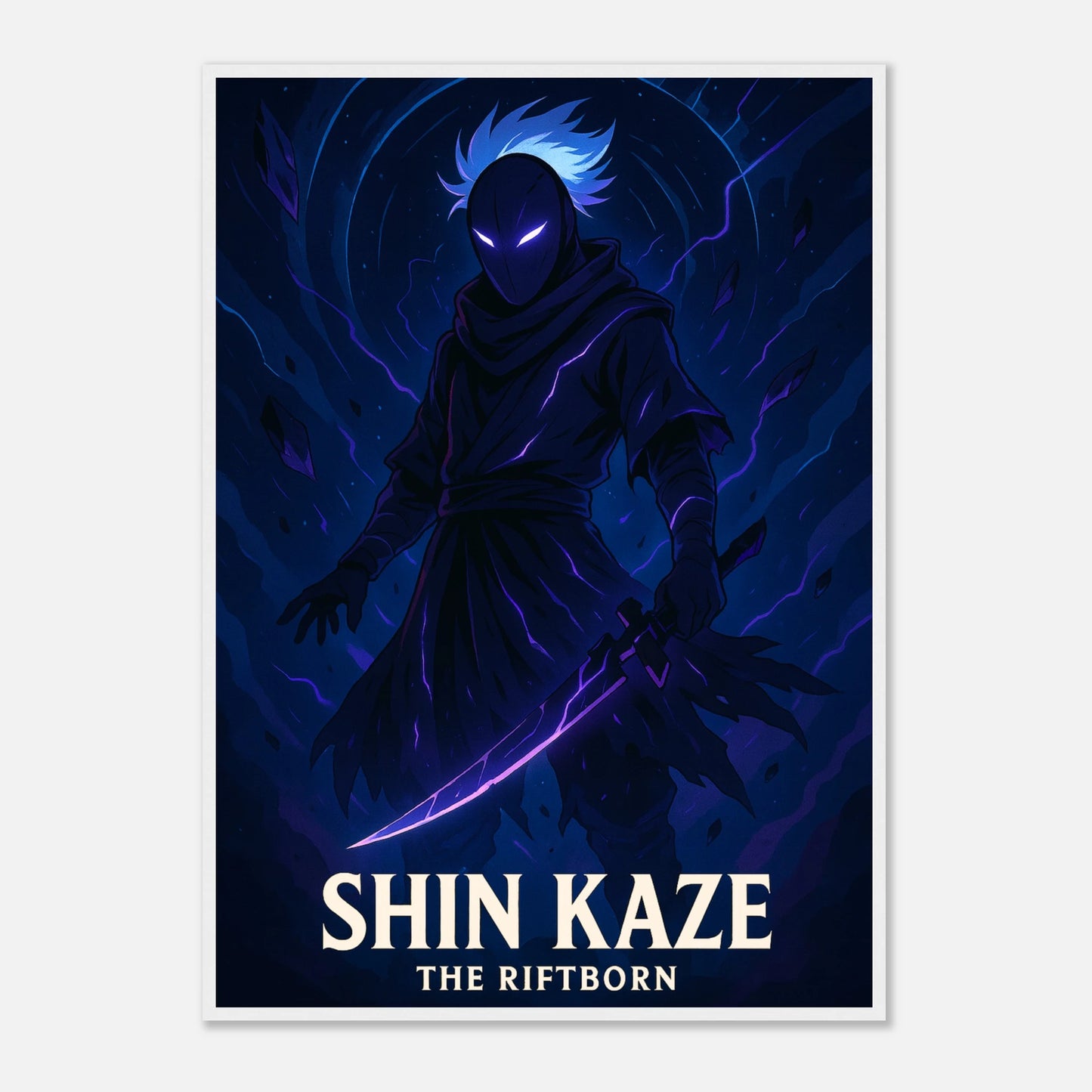 SHIN KAZE Poster im weißen Rahmen – Samurai-Kunstwerk in dunklem Blau, mystische Anime-Figur mit futuristischer Energie. Defa Designs Premium Art Print.