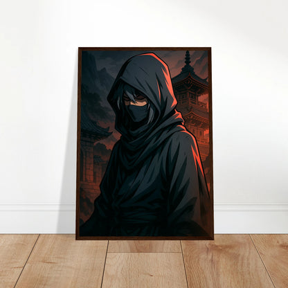 SHIN KURE Poster an die Wand gelehnt – kraftvolle Samurai-Kunst mit rotem Hintergrund. Dunkle Anime-Ästhetik mit tiefer symbolischer Bedeutung.