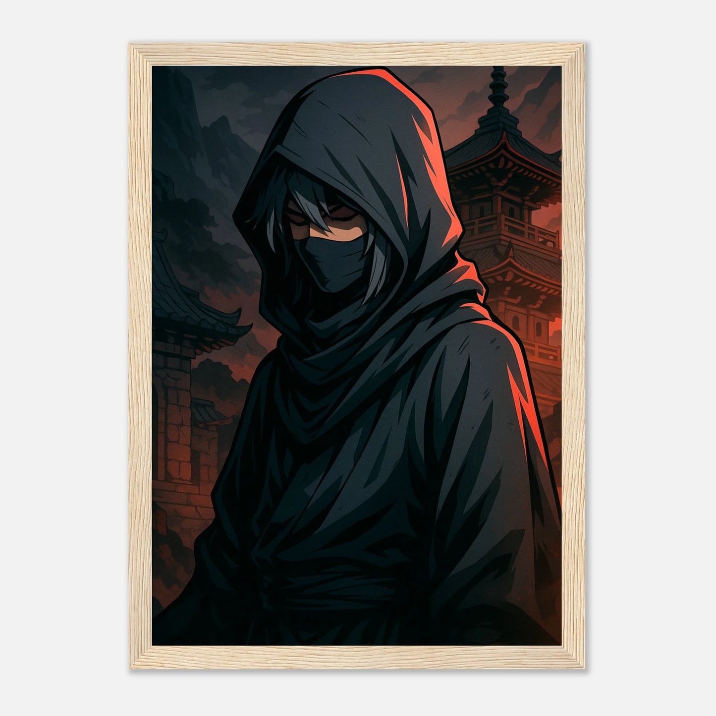 SHIN KURE Poster im hellbraunen Holzrahmen – mystischer Samurai im Schatten mit rotem Hintergrund. Dunkles Anime-Wandbild voller Stärke und Tiefe von Defa Designs.