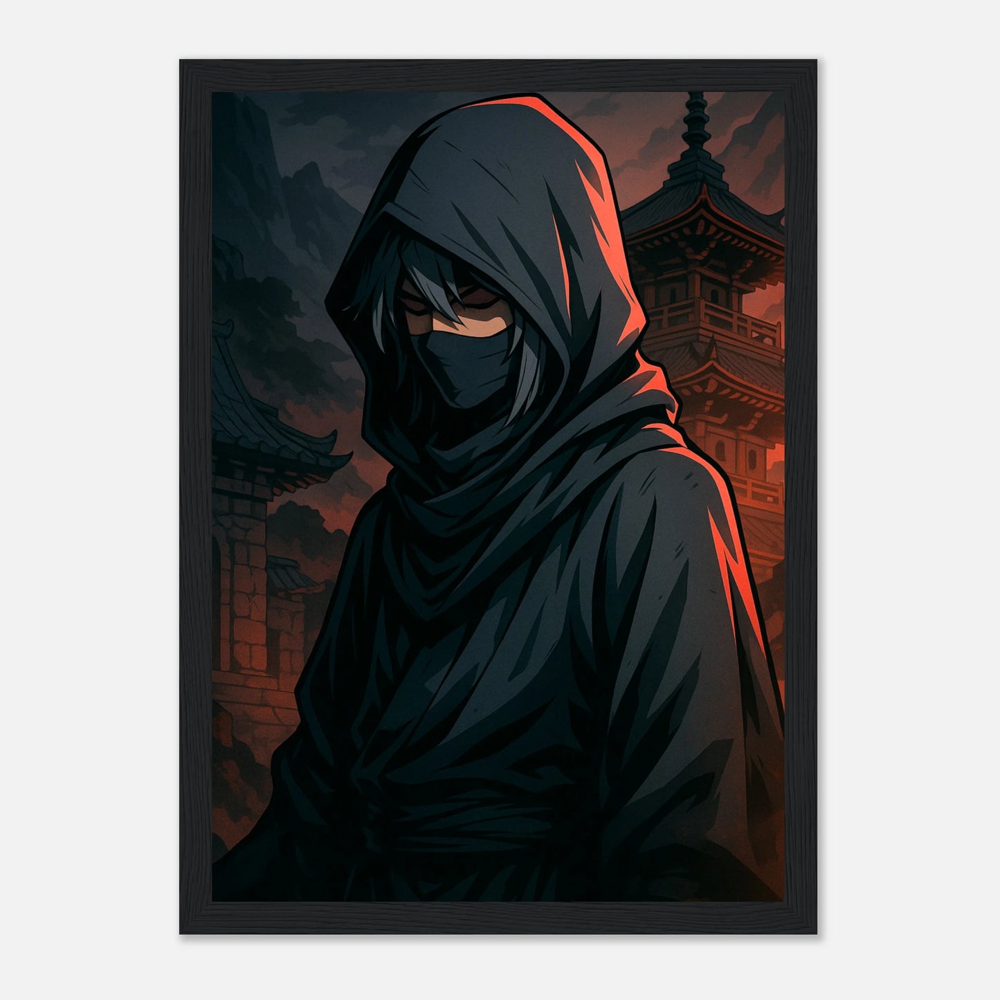 SHIN KURE Poster im schwarzen Rahmen – kraftvolles Samurai-Anime-Design mit roter Glut im Hintergrund. Japanische Wandkunst mit dunkler, eleganter Energie.