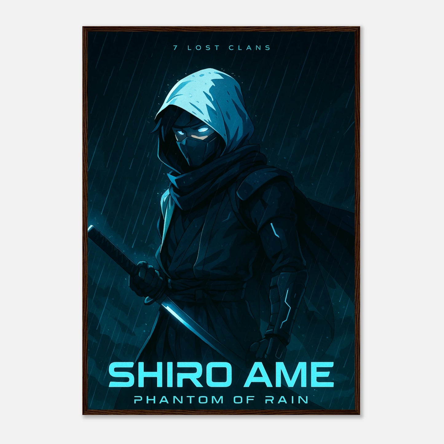 SHIRO AME Poster im dunkelbraunen Rahmen – Ninja-Krieger in der Nacht des Regens, geheimnisvolles Anime-Wandbild mit blauer Energie. Defa Designs hochwertige Kunst.