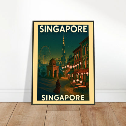 Singapore vintage travel poster leaning on floor in black metal frame
