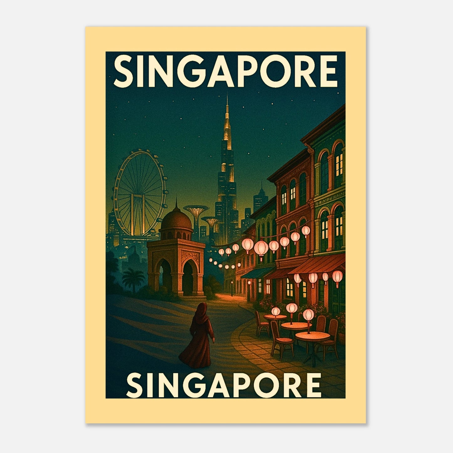 Singapore Poster mit Rahmen – Retro Wandkunst im Vintage-Stil, Kunstdruck mit Skyline und Marina Bay Sands