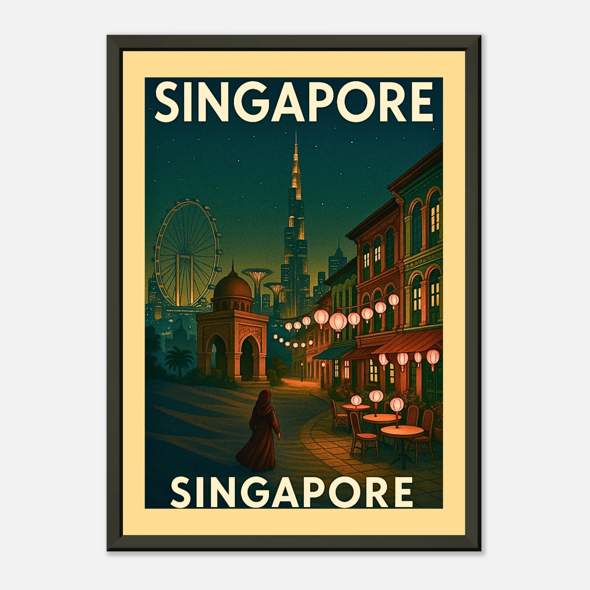 Retro Singapore wall art in black metal frame showing glowing cafés, city lights and tropical evening atmosphere