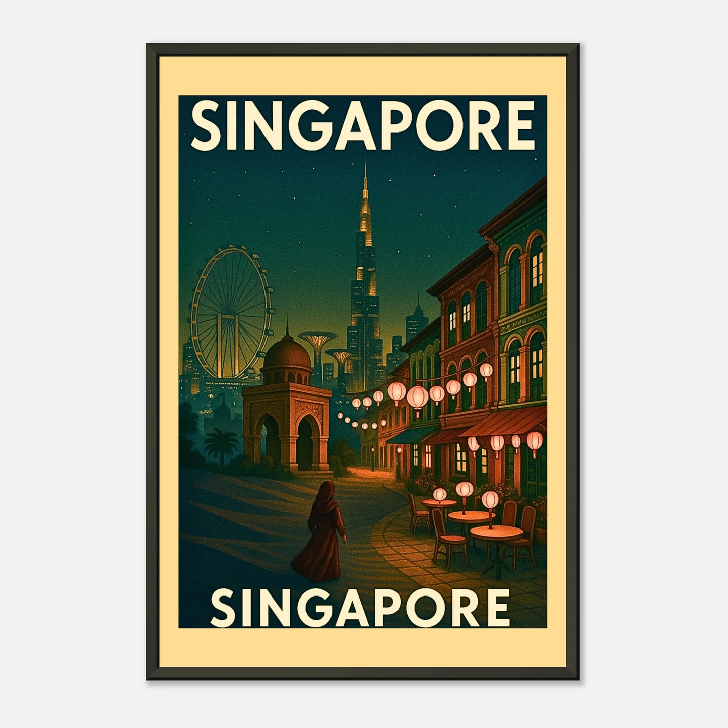 Singapore travel poster in black metal frame featuring lantern-lit streets, modern skyline and warm evening tones
