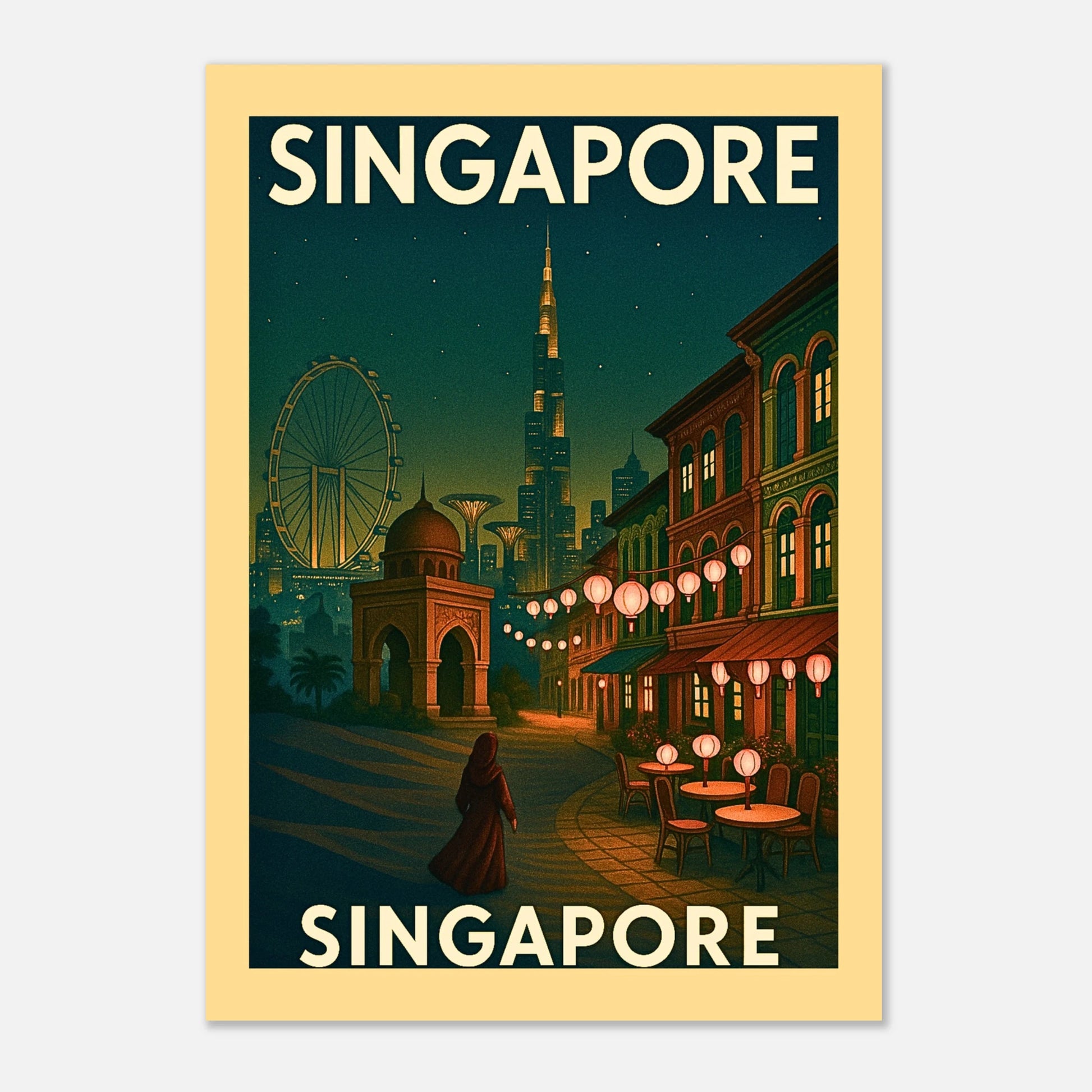 Vintage Singapore Poster – Kunstdruck mit beleuchteter Skyline, detailreiche Wandkunst im Retro-Stil