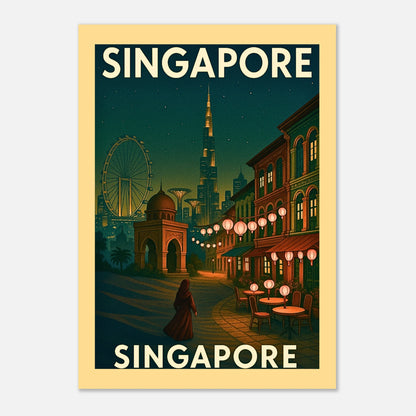 Vintage Singapore Poster – Kunstdruck mit beleuchteter Skyline, detailreiche Wandkunst im Retro-Stil