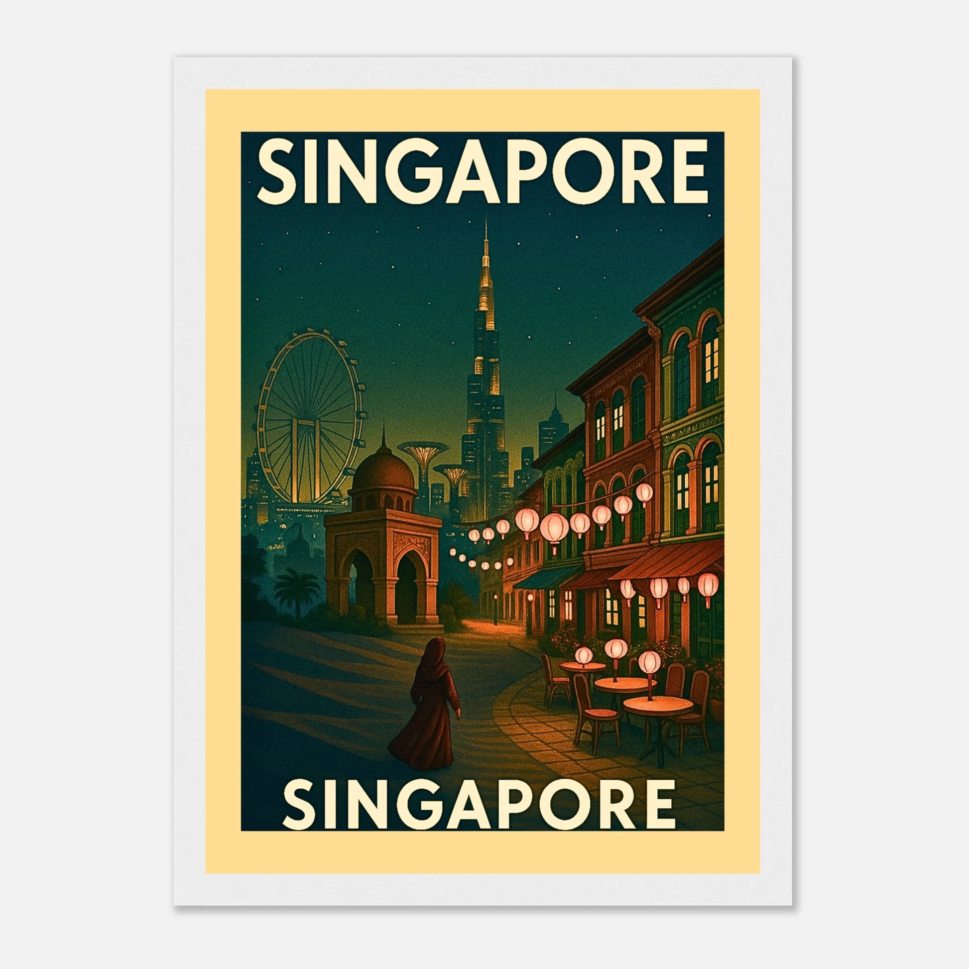 Singapore city vintage art print in Singapur Vintage Poster im weißen Holzrahmen – klassische Retro Wanddekoration mit asiatischem Flair von Defa Designs.