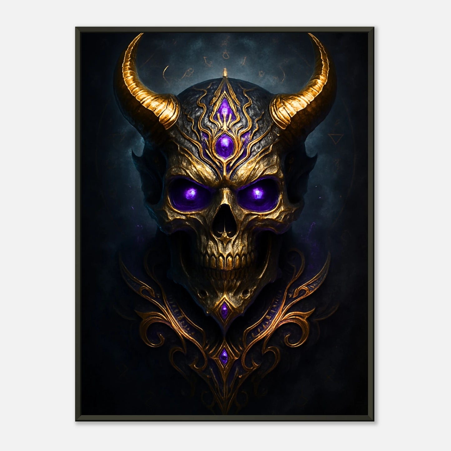 Skull of the Forsaken Dark Fantasy Schädel Wandbild mit schwarzem Metallrahmen, dämonisches Gothic Kunstwerk mit leuchtenden Edelsteinen