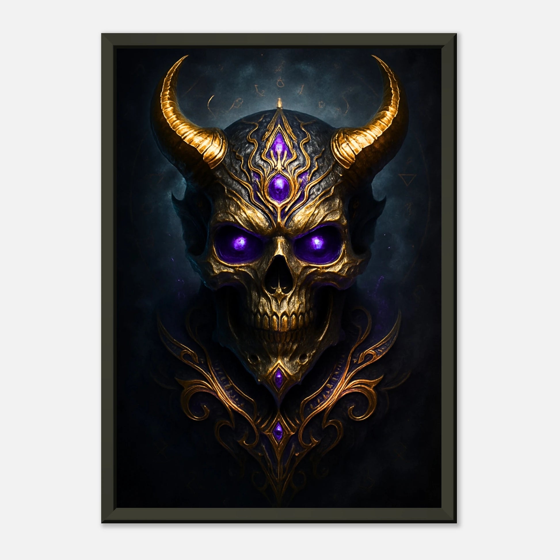 Skull of the Forsaken Dark Fantasy Wandbild in dunklem modernen Interior, schwarzer Metallrahmen mit mystischer Wirkung