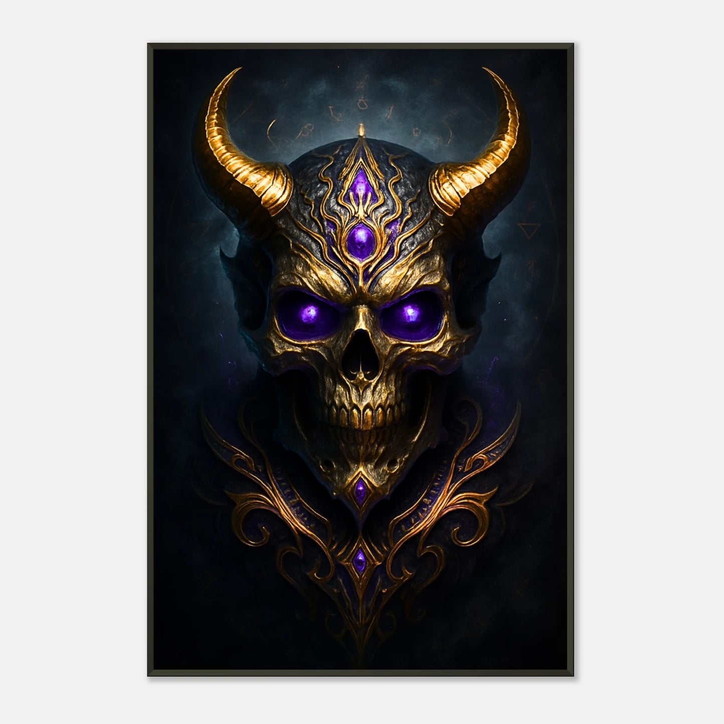 Skull of the Forsaken Schädel Wandkunst frontal dargestellt, Dark Fantasy Wandbild mit schwarzem Metallrahmen