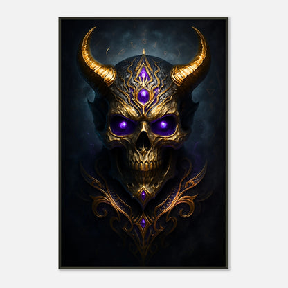 Skull of the Forsaken Schädel Wandkunst frontal dargestellt, Dark Fantasy Wandbild mit schwarzem Metallrahmen