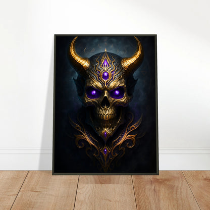 Skull of the Forsaken Wandbild in hellem modernen Wohnraum, düstere Schädelkunst im schwarzen Metallrahmen