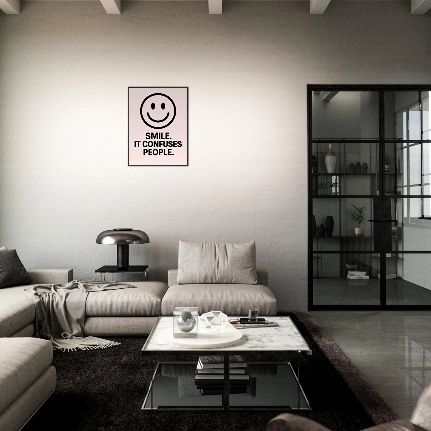 Smile Blush Pink quote poster in black metal frame styled in dark modern living room setting