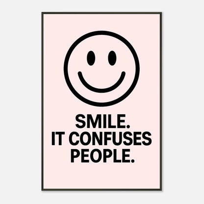 Smile Blush Pink typography wall art print in black metal frame with blush pink background and smiley graphic