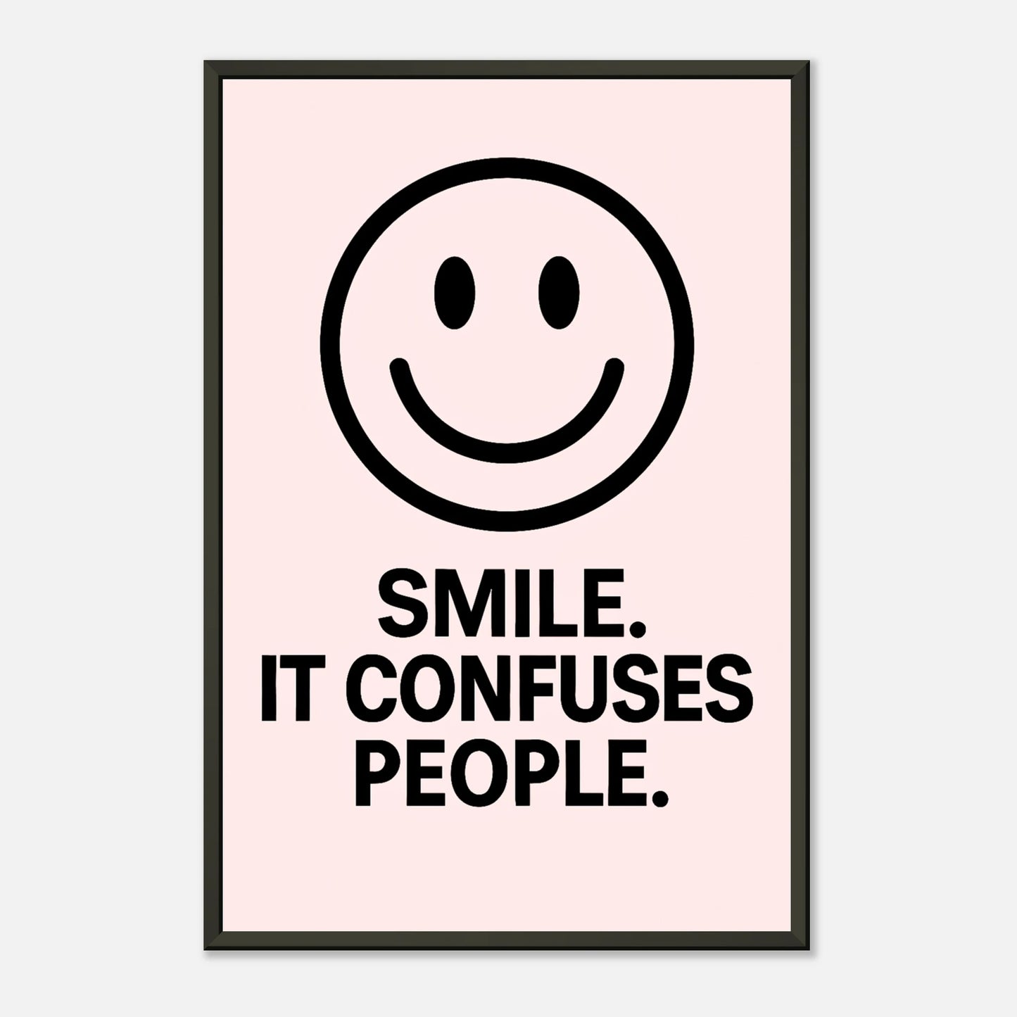 Smile Blush Pink smiley quote wall art in black metal frame front view with modern minimalist typography