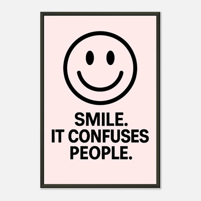 Smile Blush Pink smiley quote wall art in black metal frame front view with modern minimalist typography