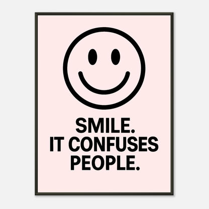 Smile Blush Pink wall art poster in black metal frame featuring minimalist smiley face and bold typography quote design