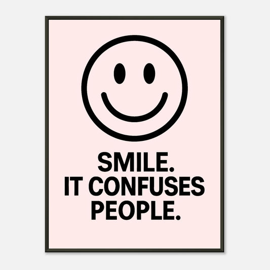 Smile Blush Pink wall art poster in black metal frame featuring minimalist smiley face and bold typography quote design