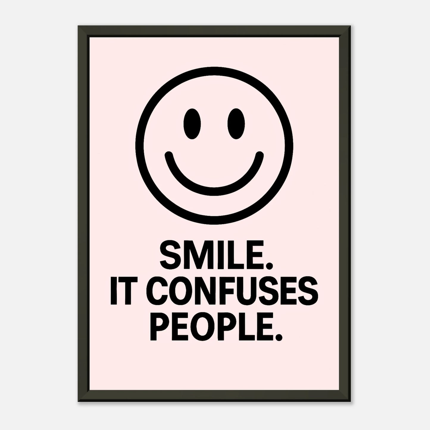 Smile Blush Pink minimalist smiley poster in black metal frame clean studio presentation