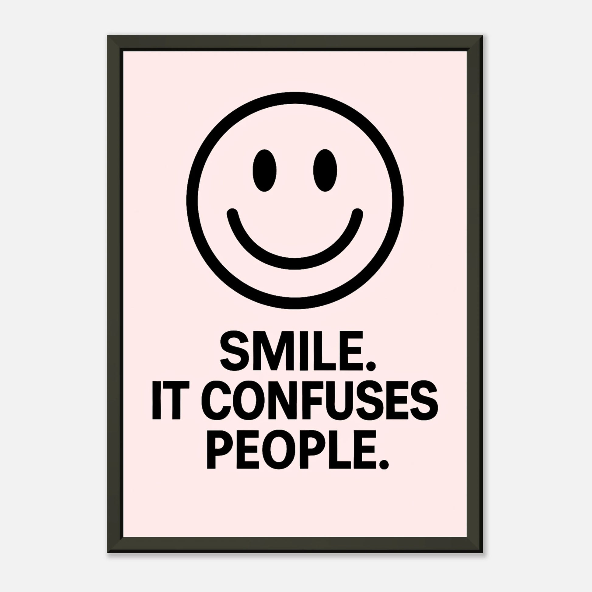Smile Blush Pink minimalist smiley poster in black metal frame clean studio presentation