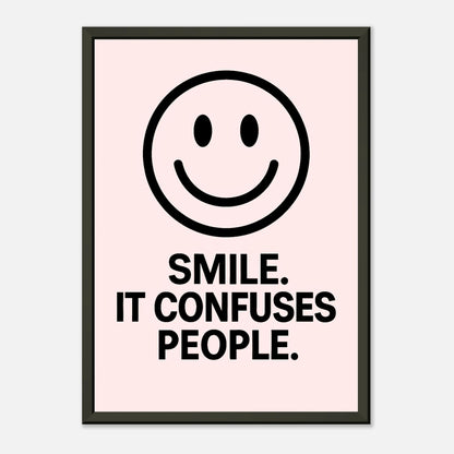 Smile Blush Pink minimalist smiley poster in black metal frame clean studio presentation