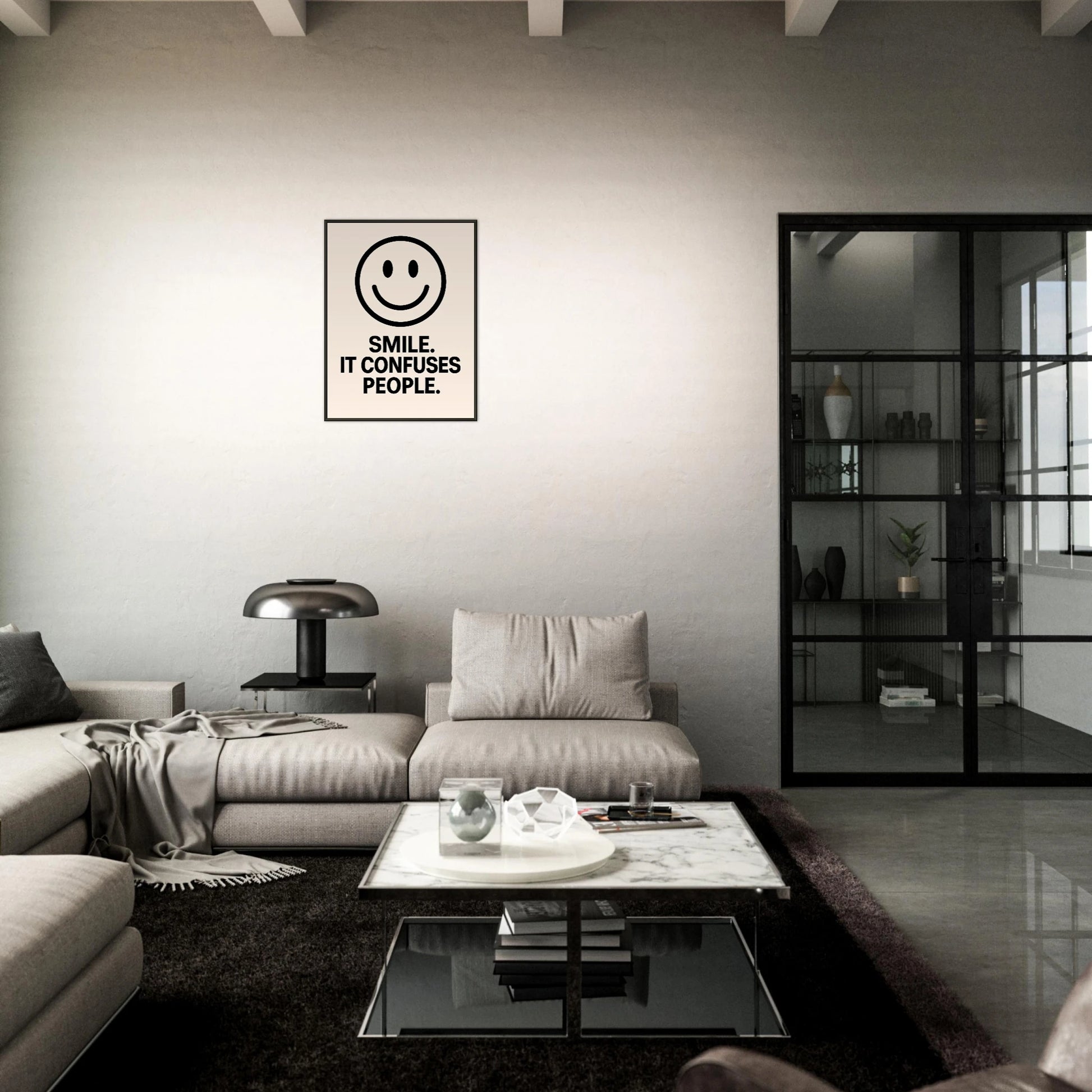 Smile Cream quote poster in black metal frame styled in dark modern living room setting