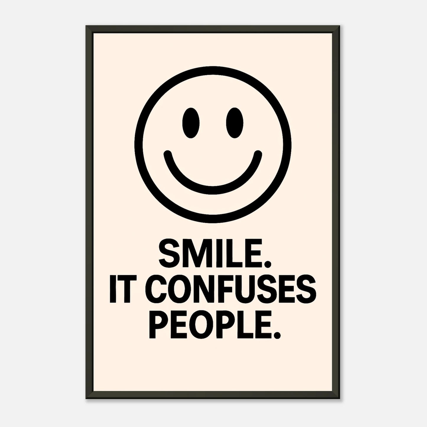Smile Cream typography wall art print in black metal frame with soft beige background and smiley graphic