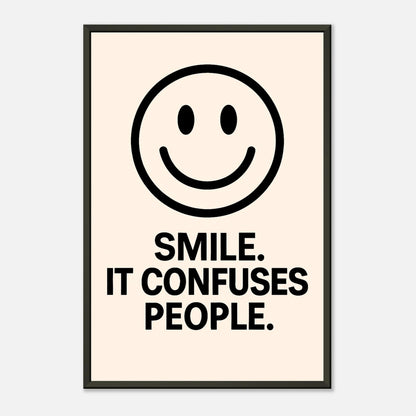 Smile Cream typography wall art print in black metal frame with soft beige background and smiley graphic